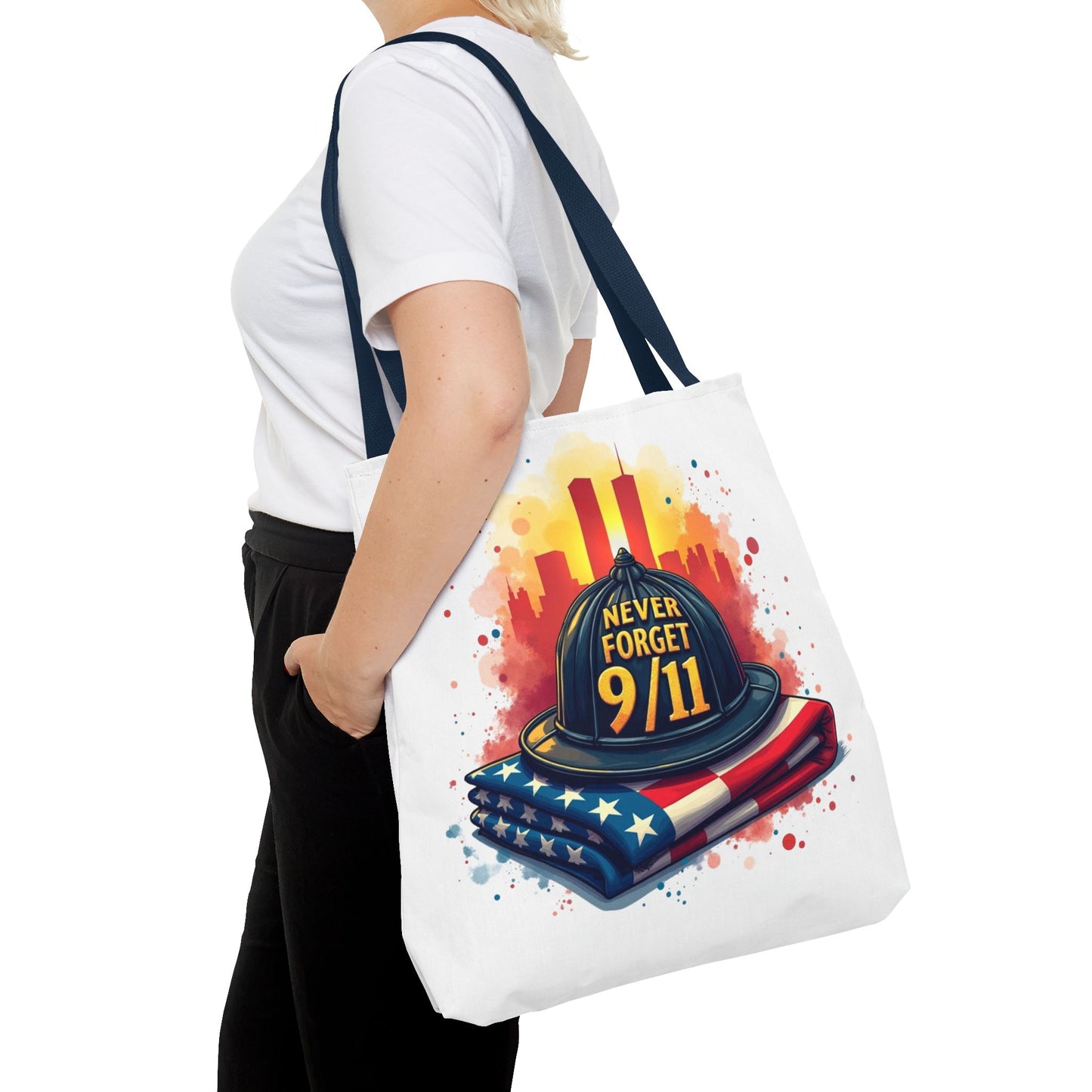 Never Forget 9/11 Memorial Tote Bag — Firefighter Helmet & Flag Tribute