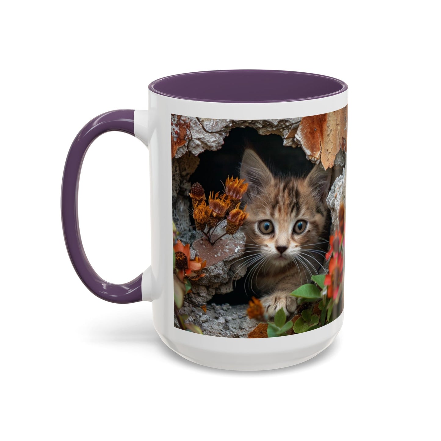 Cute Kitten Peek Accent Coffee Mug — Tabby Cat Floral 11/15oz