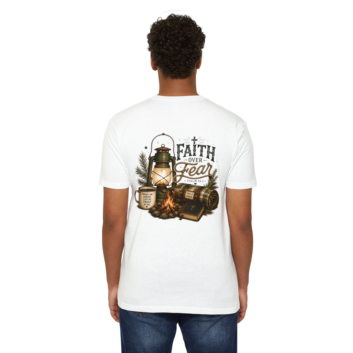 Faith Over Fear T-Shirt — Christian Camping Lantern & Bible Graphic