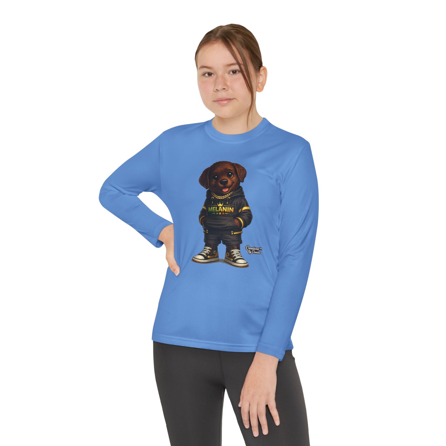 Youth Long Sleeve Tee — Cute Rottweiler Pup Graphic "Melanin" Hoodie Design