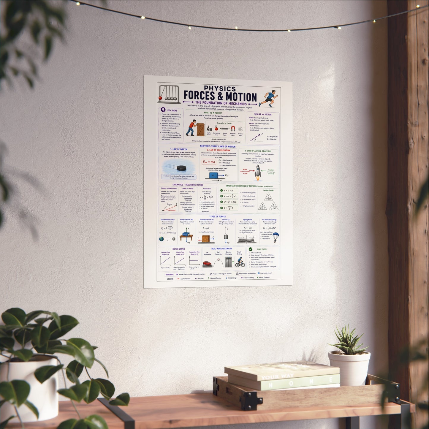 Physics Forces & Motion Educational Poster — Forces and Motion Study Guide