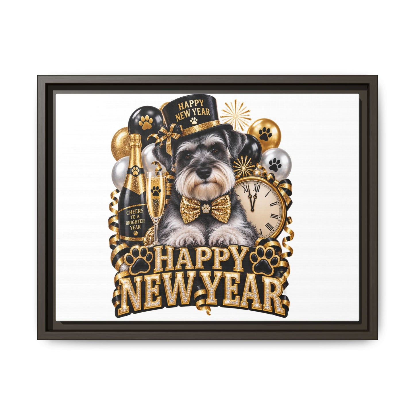 Happy New Year Schnauzer Matte Canvas Framed Art