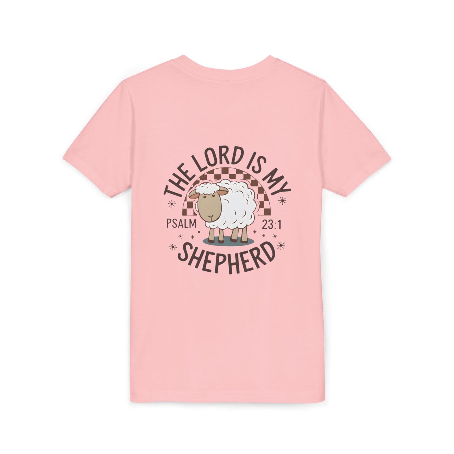 Youth Tee — "The Lord Is My Shepherd" Psalm 23:1 Christian Kids T‑Shirt (Sheep Design)