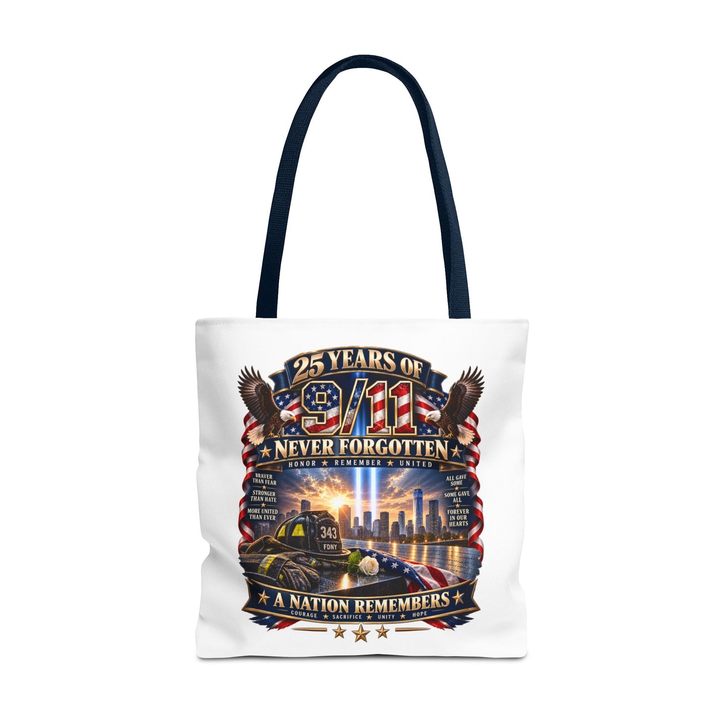 25 Years of 9/11 Never Forgotten Tote Bag – Memorial Tribute AOP