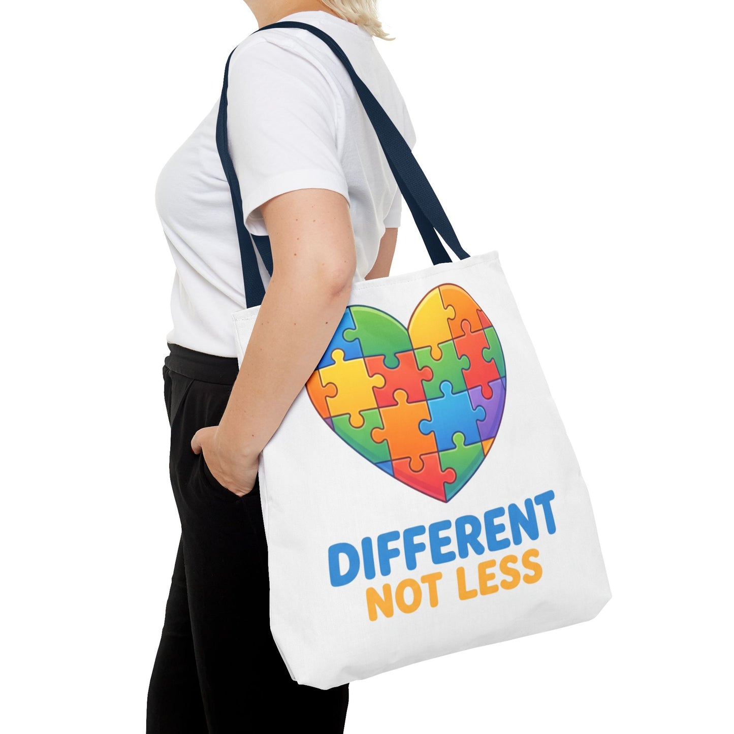 Autism Awareness Tote Bag — "Different Not Less" Heart Puzzle Design