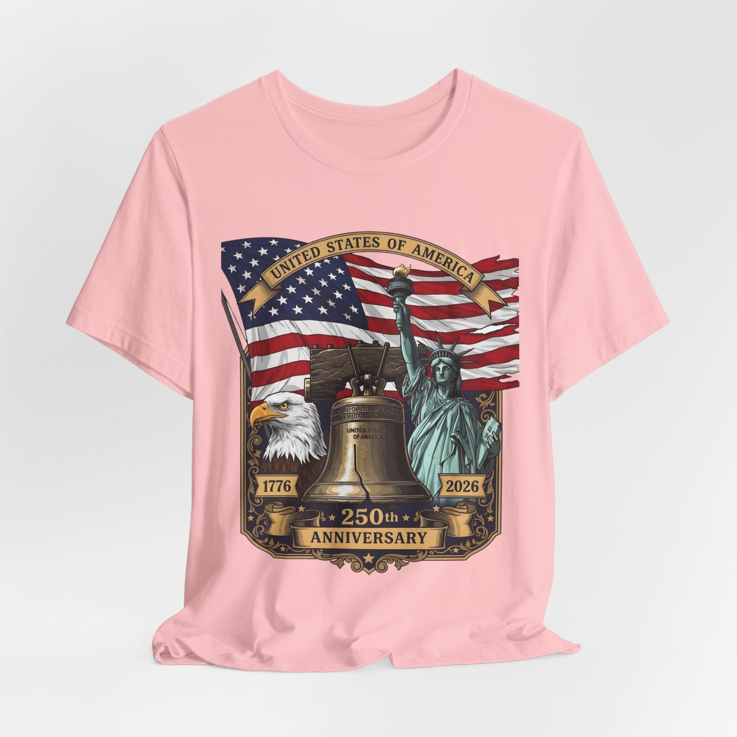 Patriotic 250th Anniversary T-Shirt - Liberty Bell, Bald Eagle & Statue of Liberty