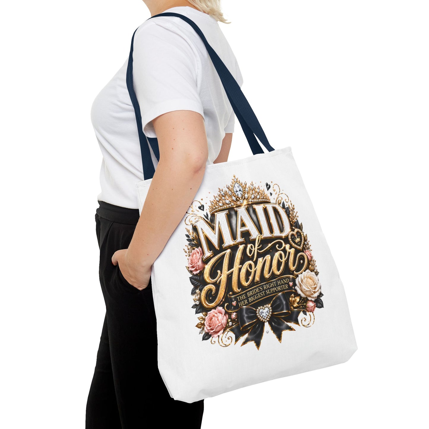 Maid of Honor Tote Bag — Elegant Bridal Party Gift with Gold Crown Floral Design