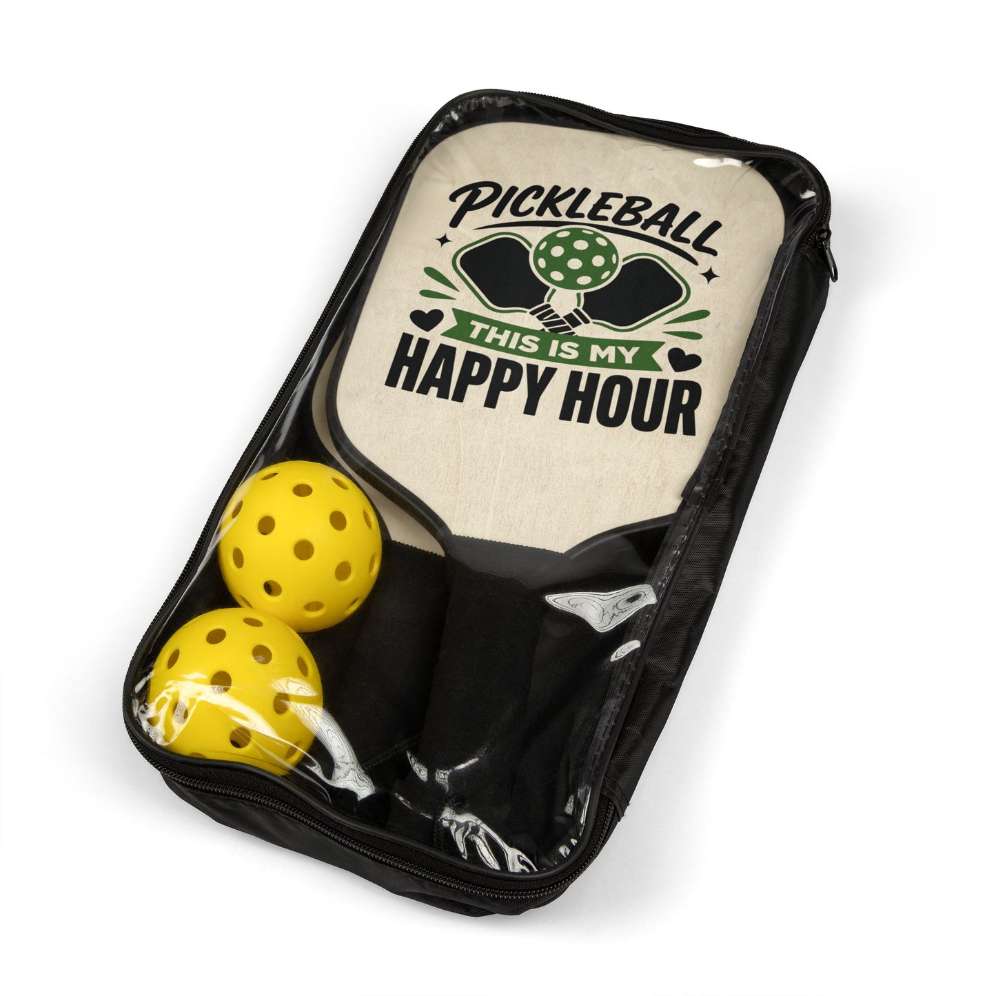 Pickleball Paddle Set – "Pickleball This Is My Happy Hour" Wood-Grain Paddle Kit with Balls