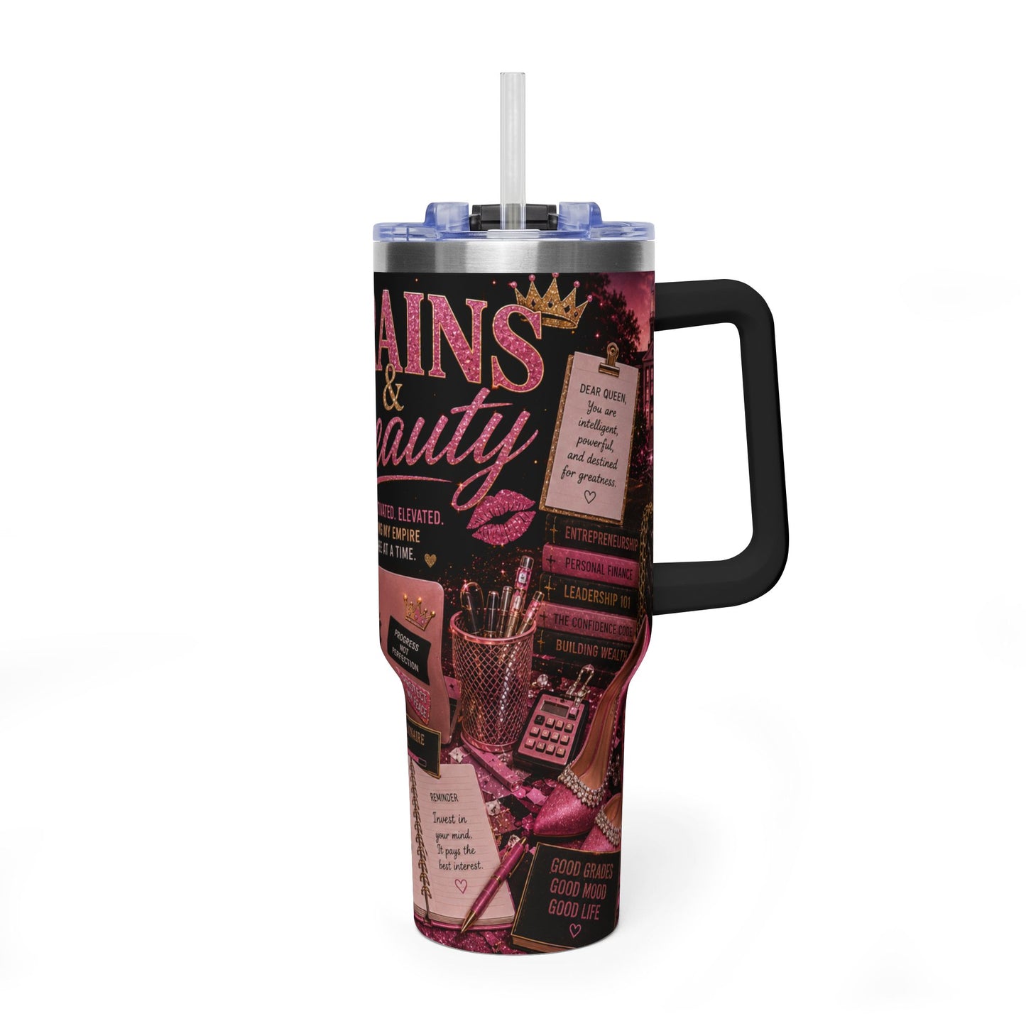 Brain & Beauty 40oz Thermal Tumbler with Handle — Inspirational Coffee Travel Mug