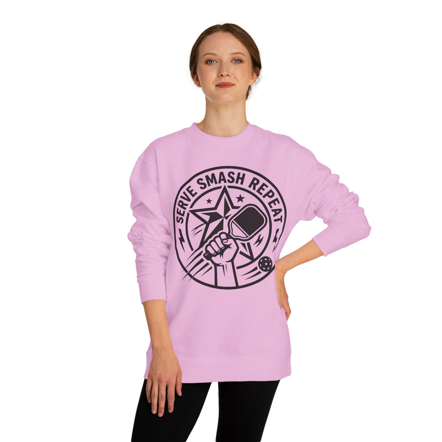 Serve Smash Repeat Crewneck Sweatshirt — Pickleball Player Graphic