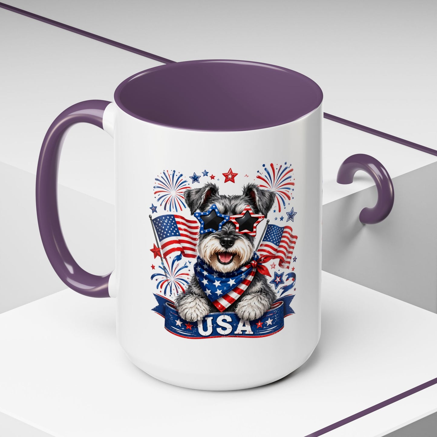 Patriotic Schnauzer Coffee Mug – USA Flag, Fireworks Accent Mug (11/15oz)