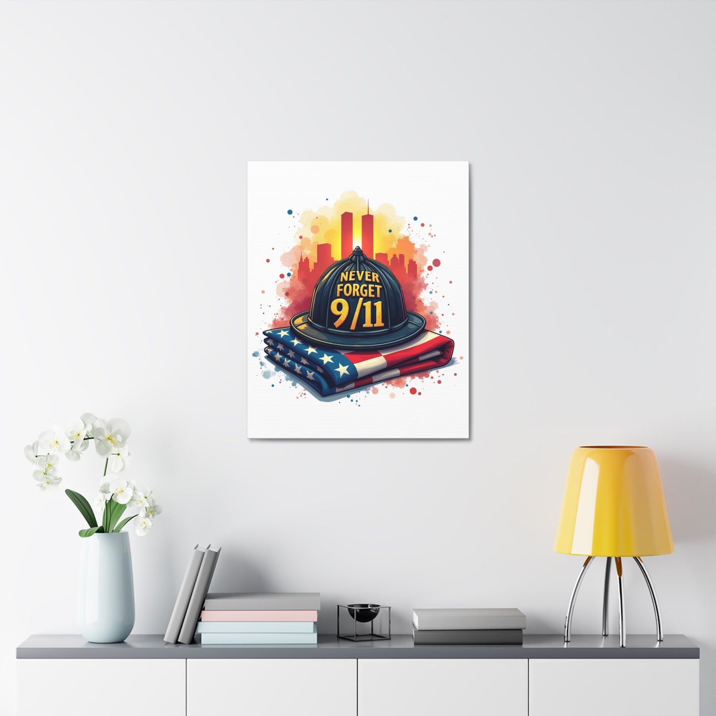 Never Forget 9/11 Stretched Canvas – Memorial Firefighter Helmet & American Flag Wall Art