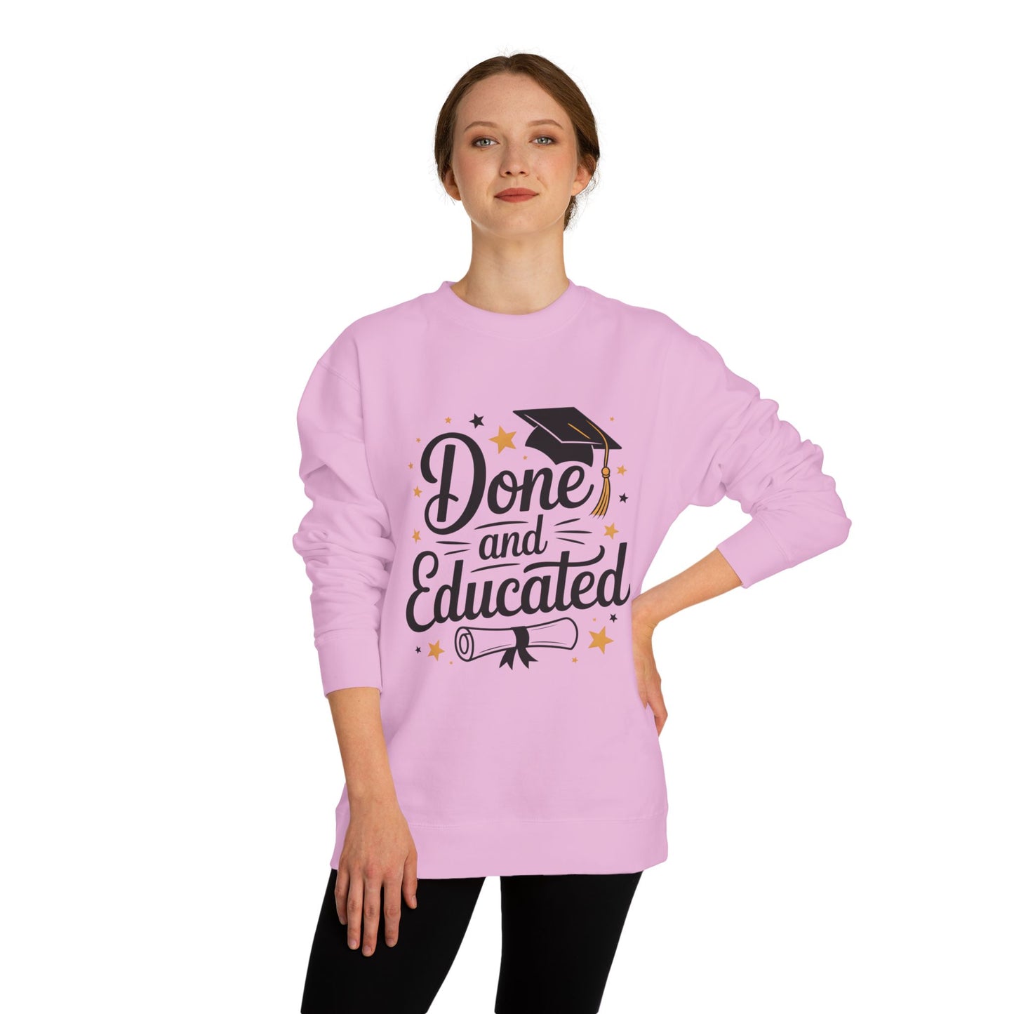 Graduation Crewneck Sweatshirt — "Done and Educated" Cap & Diploma Design