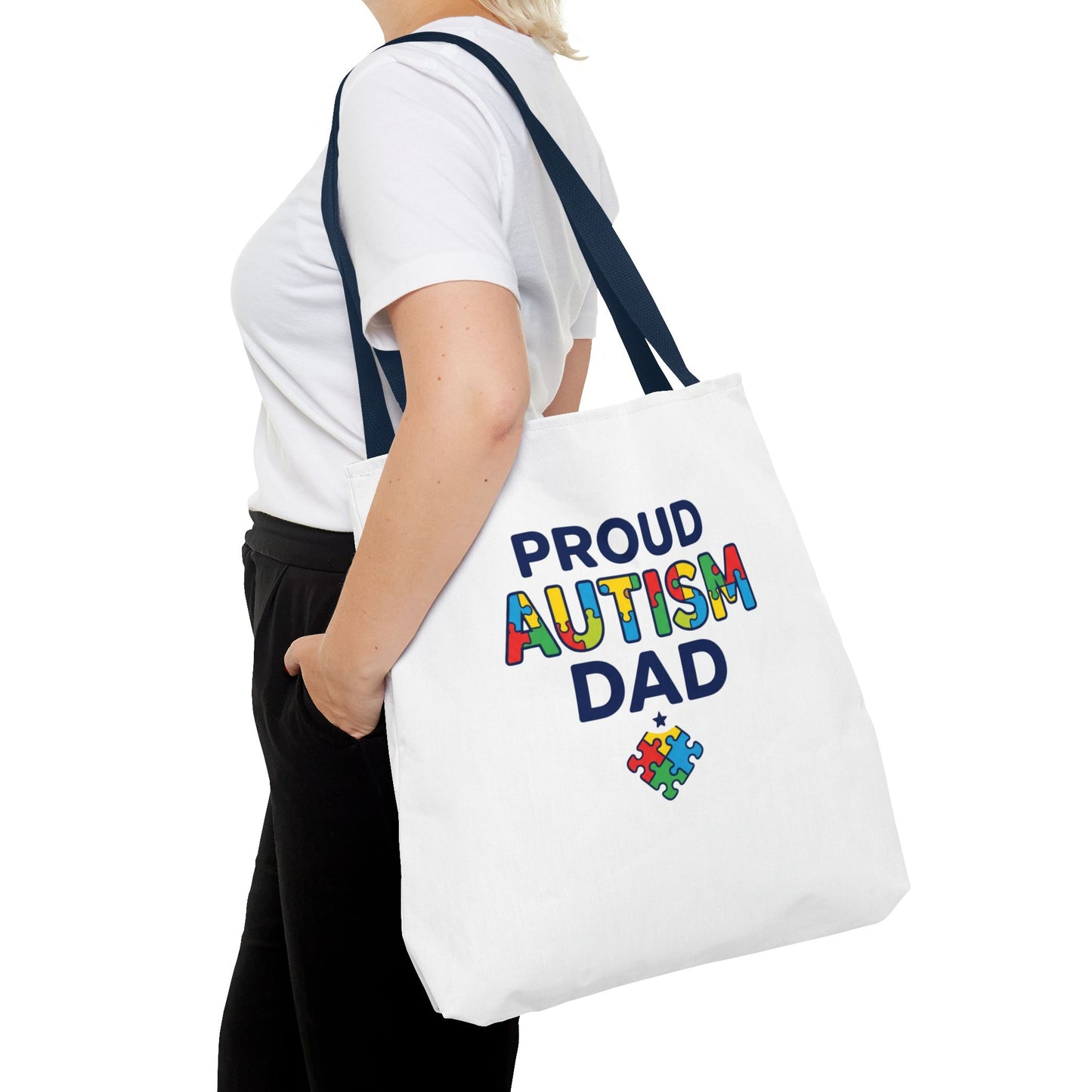 Proud Autism Dad Tote Bag — Colorful Puzzle-Heart Support Gift