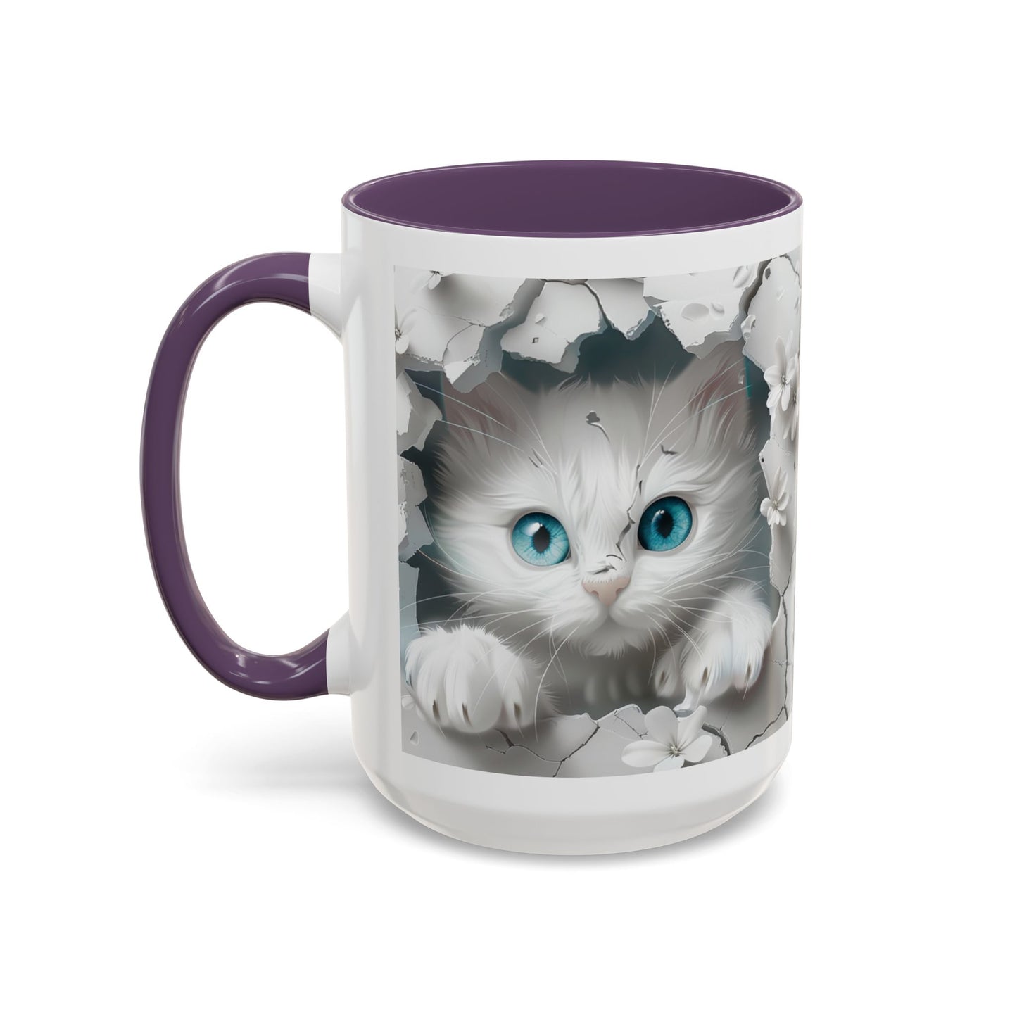 Cute Blue-Eyed Kitten Accent Coffee Mug – Floral Peekaboo Cat Design (11/15 oz)