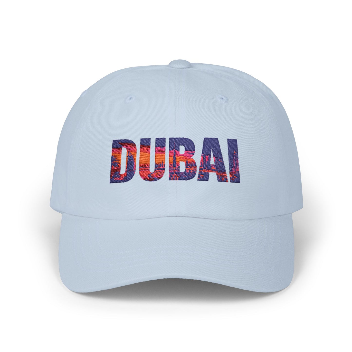 Dubai Dad Cap — White Classic Baseball Hat with Dubai Skyline Text