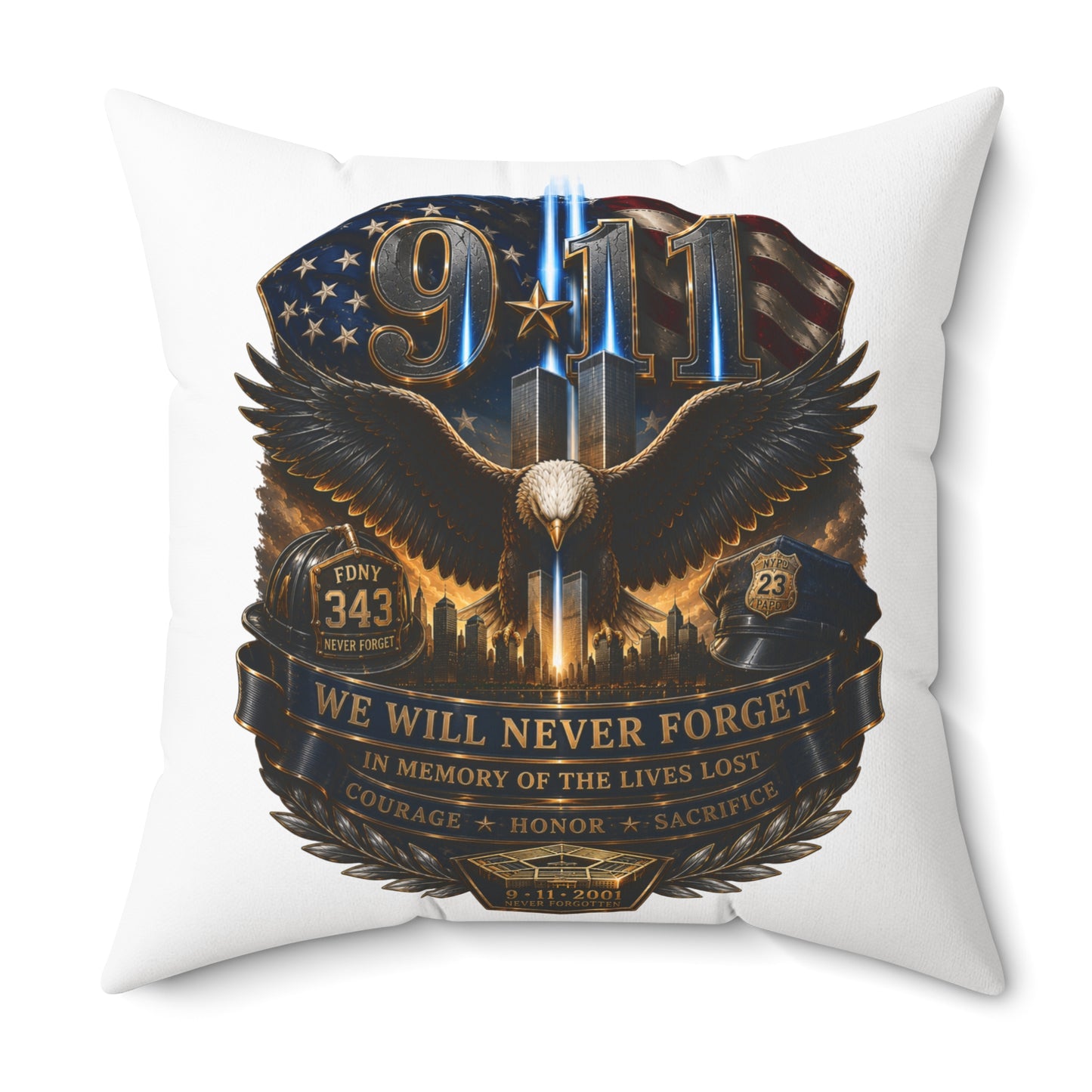 9/11 Memorial Eagle Pillow — "We Will Never Forget" Tribute Accent Pillow