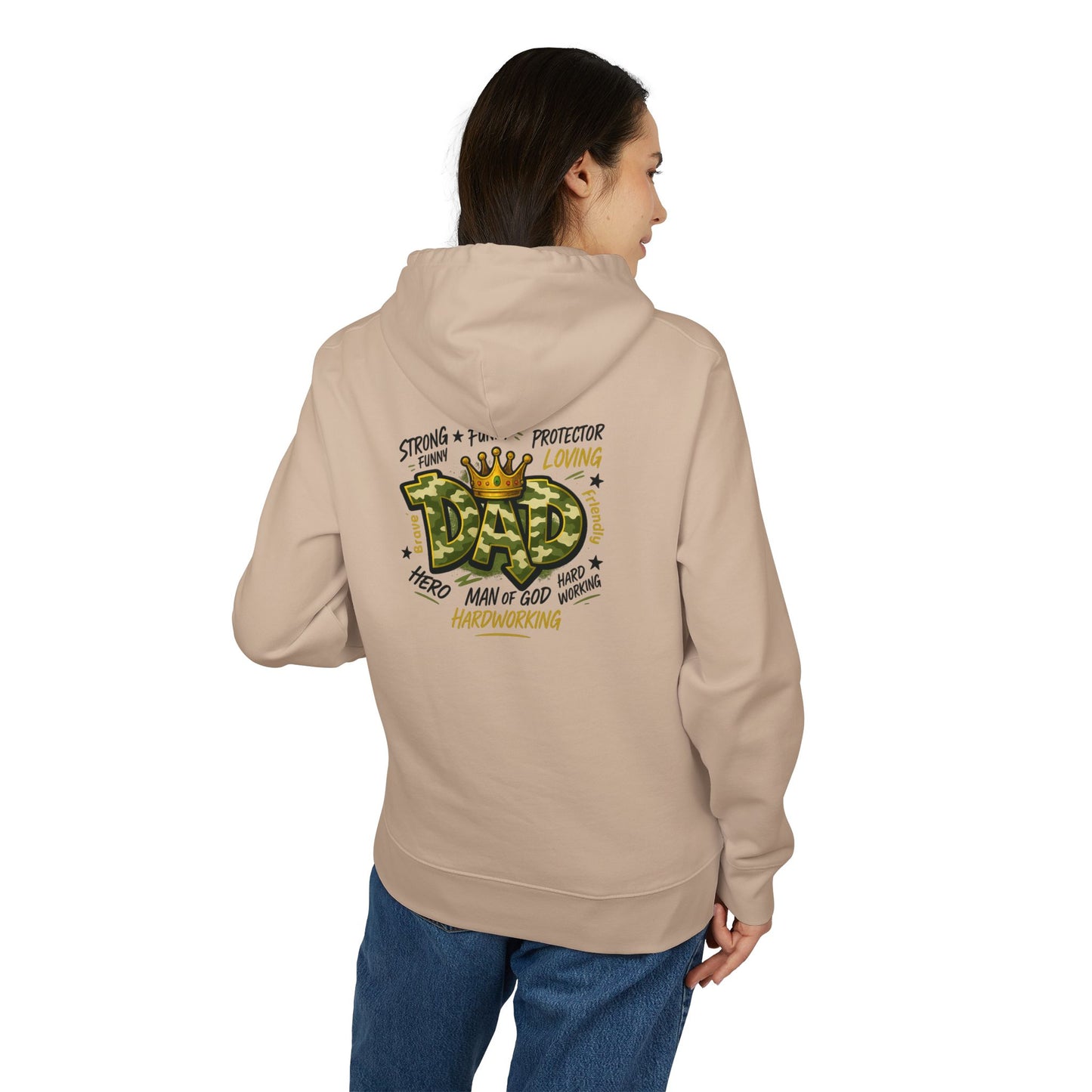 Dad Hoodie — 'Dad' Crown Graphic with 'Strong • Funny • Protector' Typography