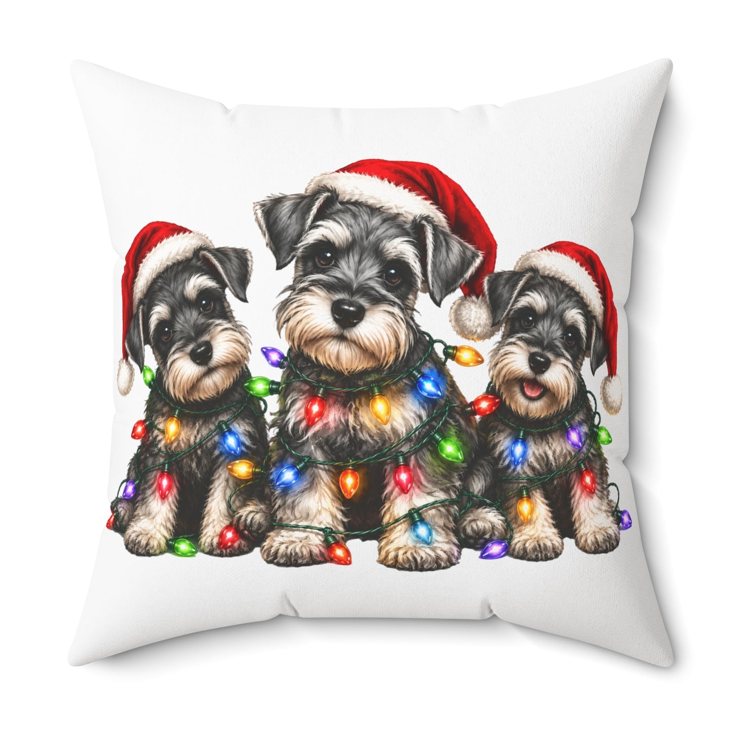 Schnauzer Puppies Christmas Pillow - Holiday Dogs with Santa Hats & String Lights Decorative Pillow