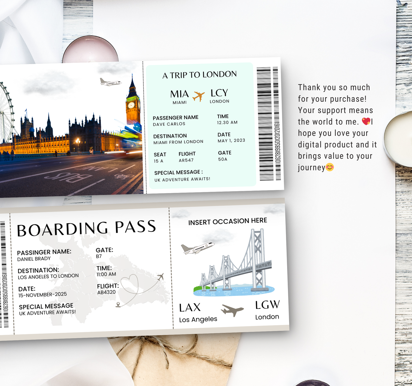 London Boarding Pass & Ticket Template | Editable Canva Travel Invite & Event Ticket Design