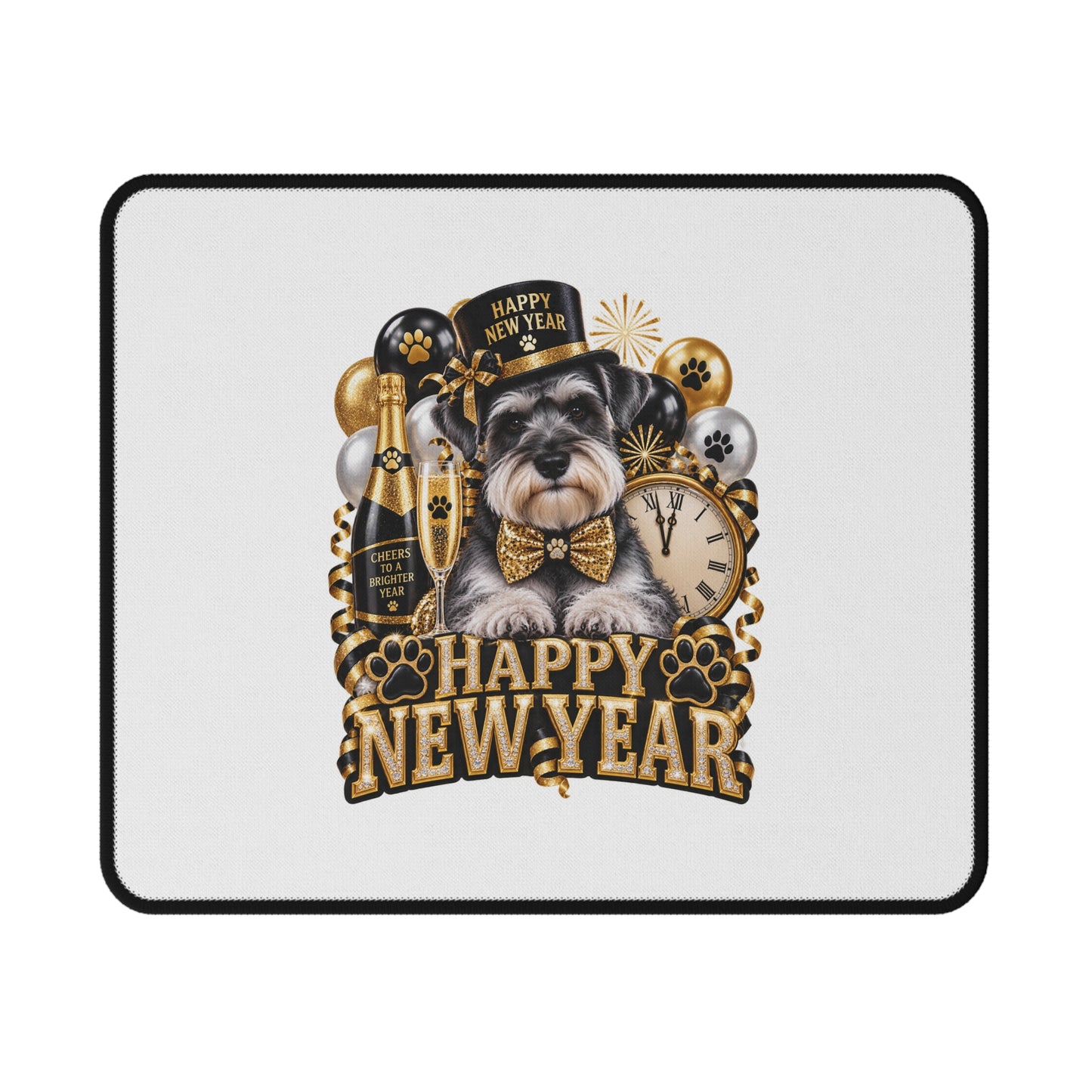 Happy New Year Schnauzer Mouse Pad — Non-Slip Holiday Gaming Desk Mat