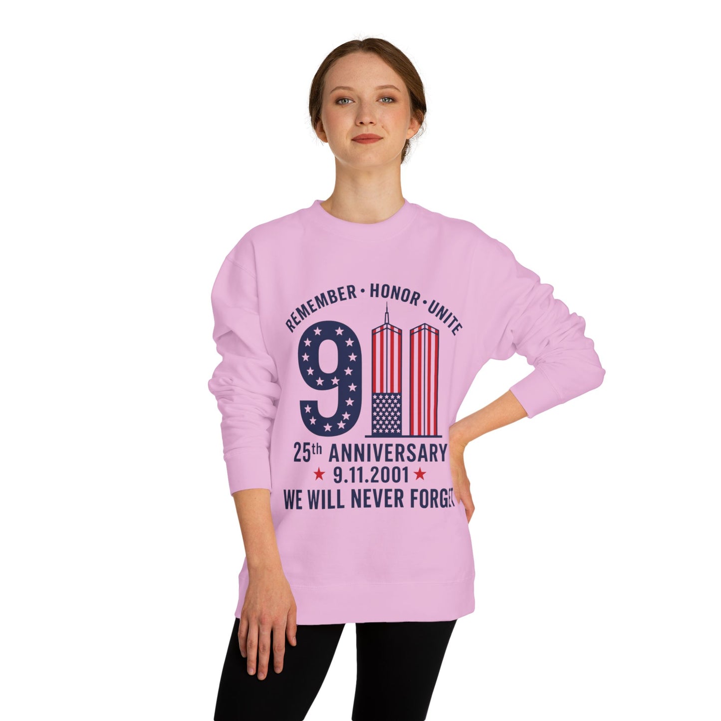 9/11 Remembrance Crewneck Sweatshirt — 25th Anniversary "We Will Never Forget"