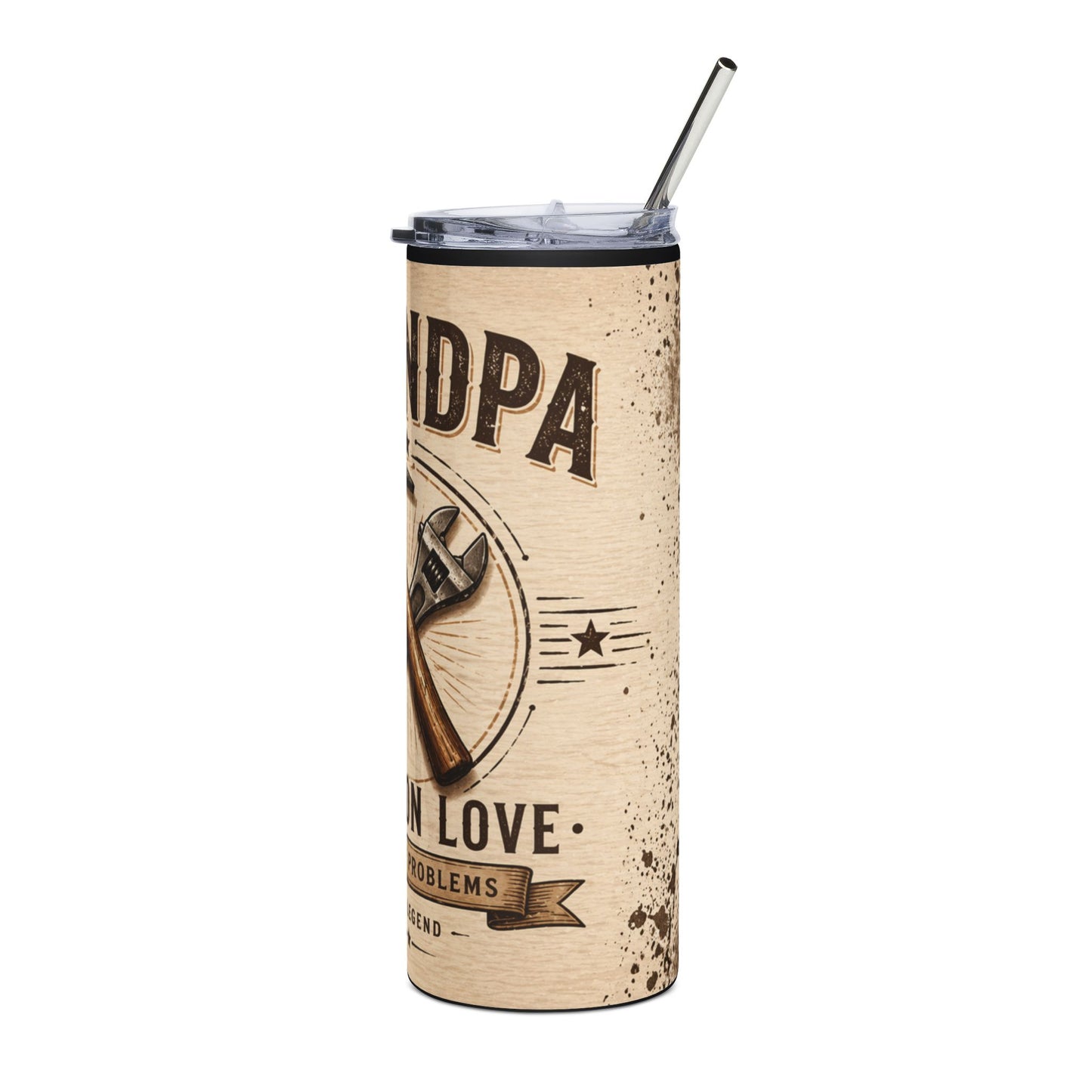 Grandpa Tumbler 20oz – 'Built on Love' Hammer & Wrench Rustic Stainless Steel Travel Cup