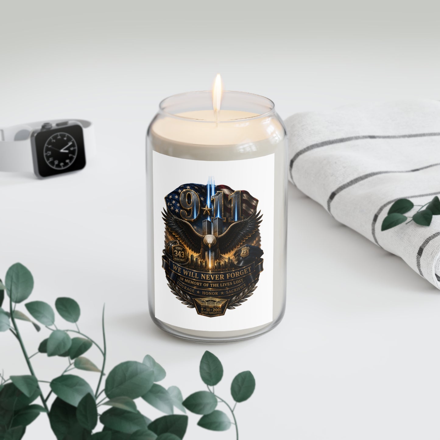 9/11 Tribute Soy Candle — "We Will Never Forget" Memorial Scented Candle (13.75oz)