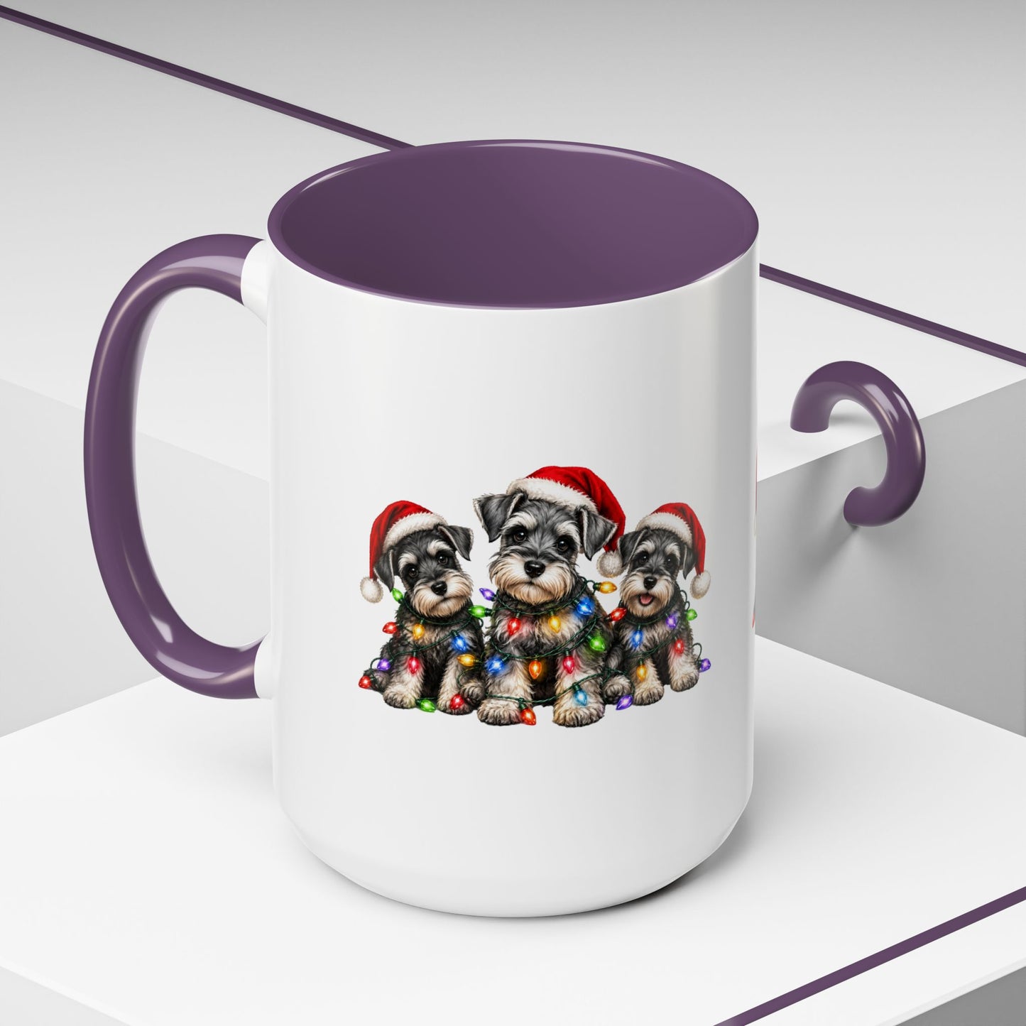 Christmas Puppy Coffee Mug — Cute Schnauzer Trio with Santa Hats & Holiday Lights (11/15oz)