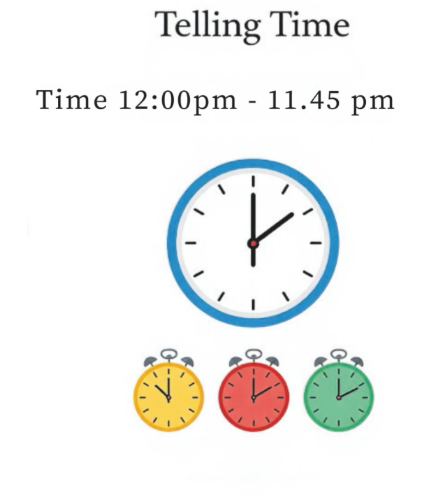 Telling Time (12:00 pm – 11:45 pm)