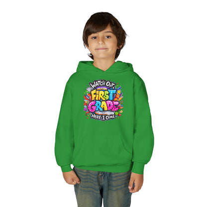 First Grade Hoodie – "Watch Out! First Grade Here I Come" Back-to-School Youth Sweatshirt