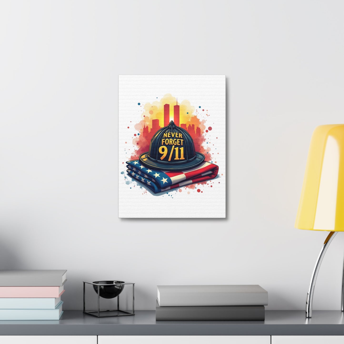Never Forget 9/11 Stretched Canvas – Memorial Firefighter Helmet & American Flag Wall Art