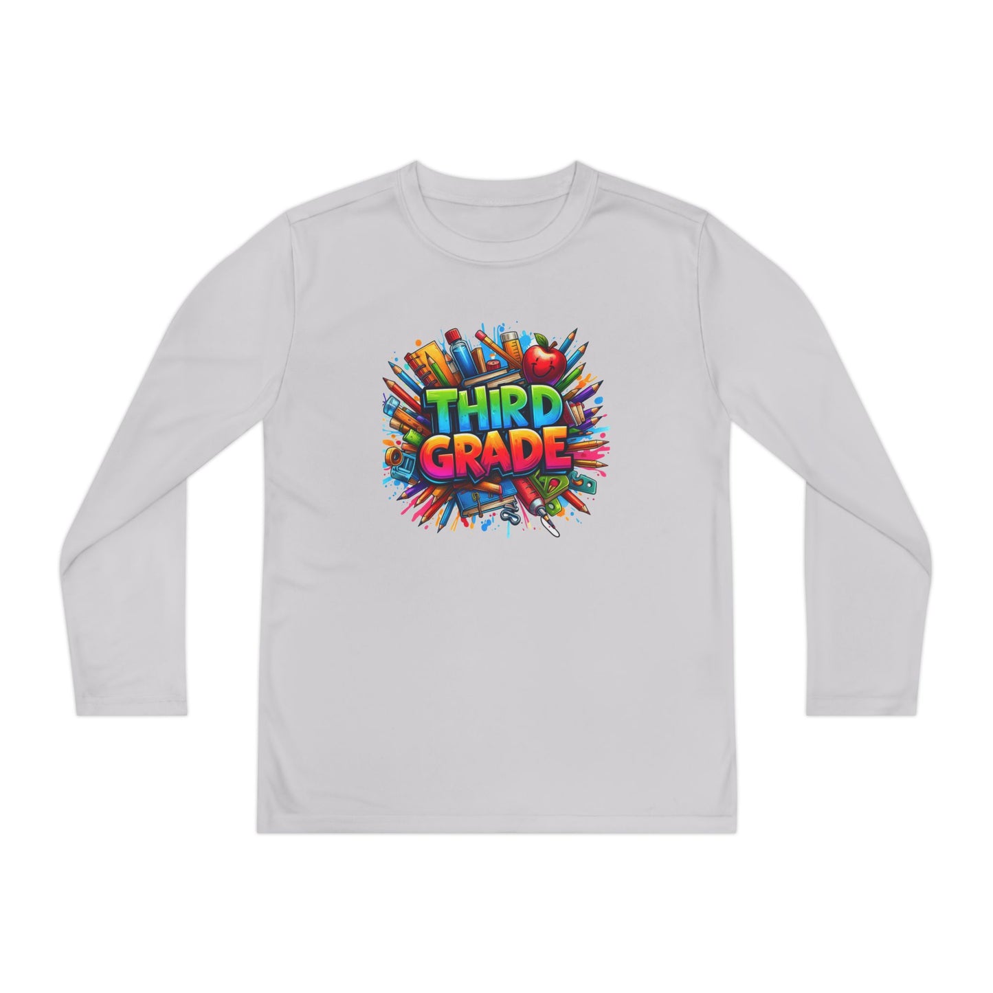 Third Grade Youth Long Sleeve Tee — Colorful School Supplies Design