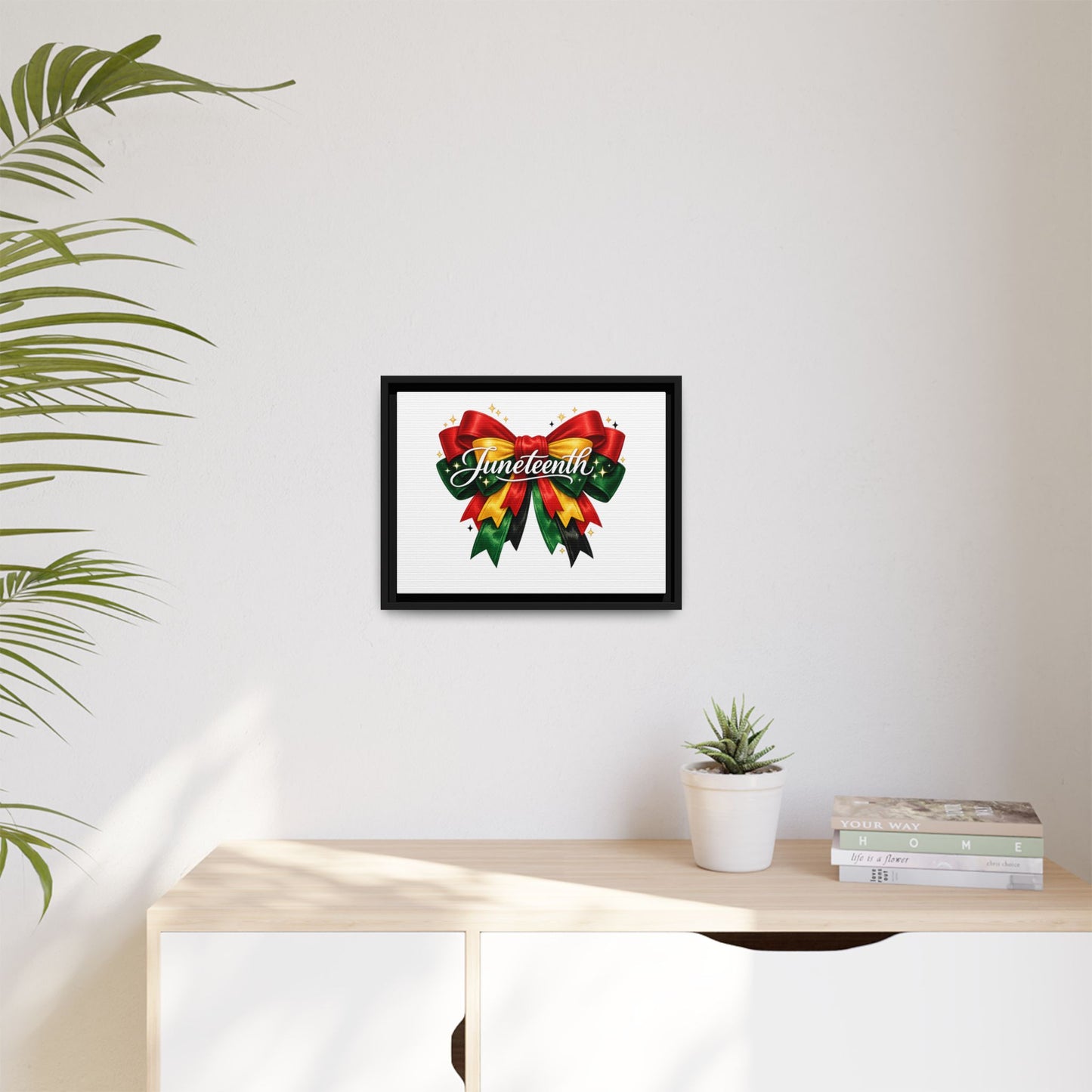 Juneteenth Framed Canvas Print – Festive Red, Green & Gold Ribbon Wall Art