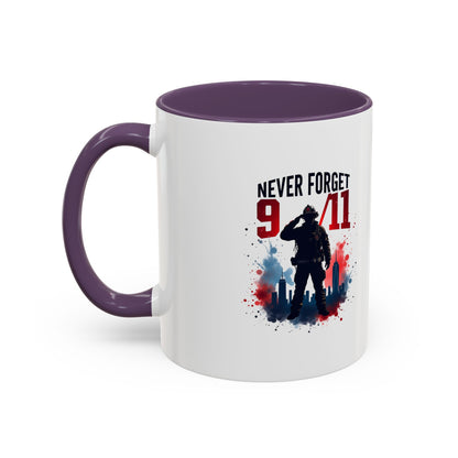 Never Forget 9/11 Accent Coffee Mug — Patriotic Memorial Tribute (11oz, 15oz)