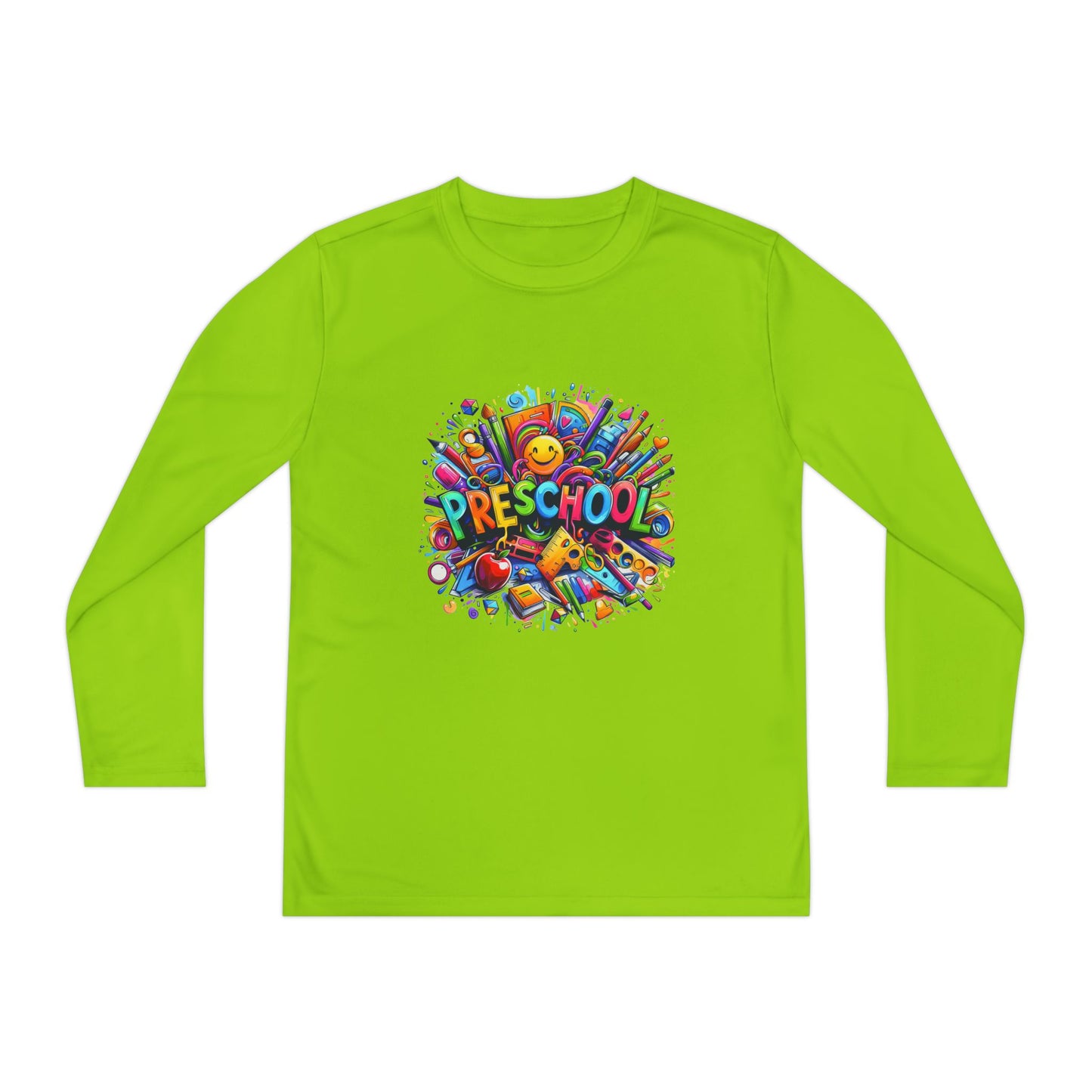Youth Preschool Long Sleeve Tee - Colorful School Supplies Design