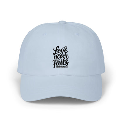 Love Never Fails Dad Cap — Inspirational Script Baseball Hat