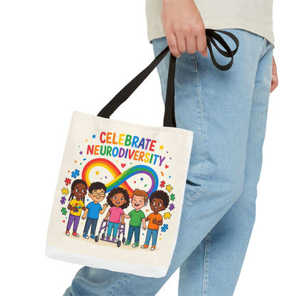 Celebrate Neurodiversity Tote Bag — Rainbow Infinity Symbol with Diverse Kids