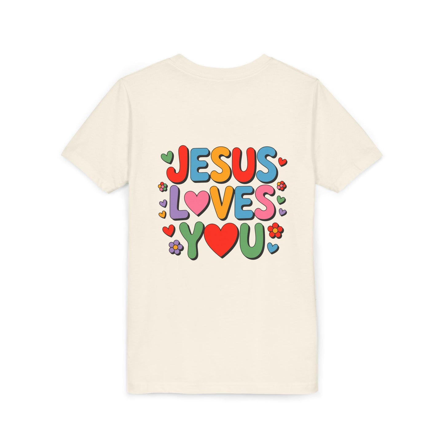 Youth Tee - "Jesus Loves You" Colorful Heart & Flower Christian Shirt