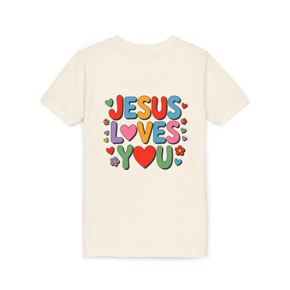 Youth Tee - "Jesus Loves You" Colorful Heart & Flower Christian Shirt