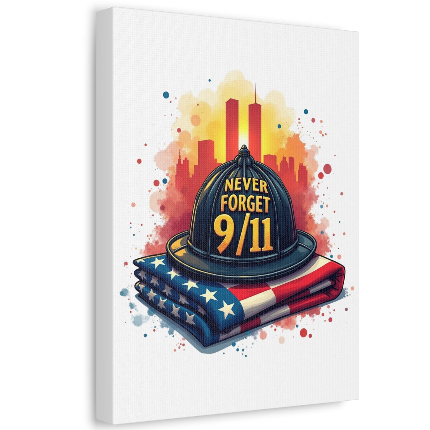 Never Forget 9/11 Stretched Canvas – Memorial Firefighter Helmet & American Flag Wall Art