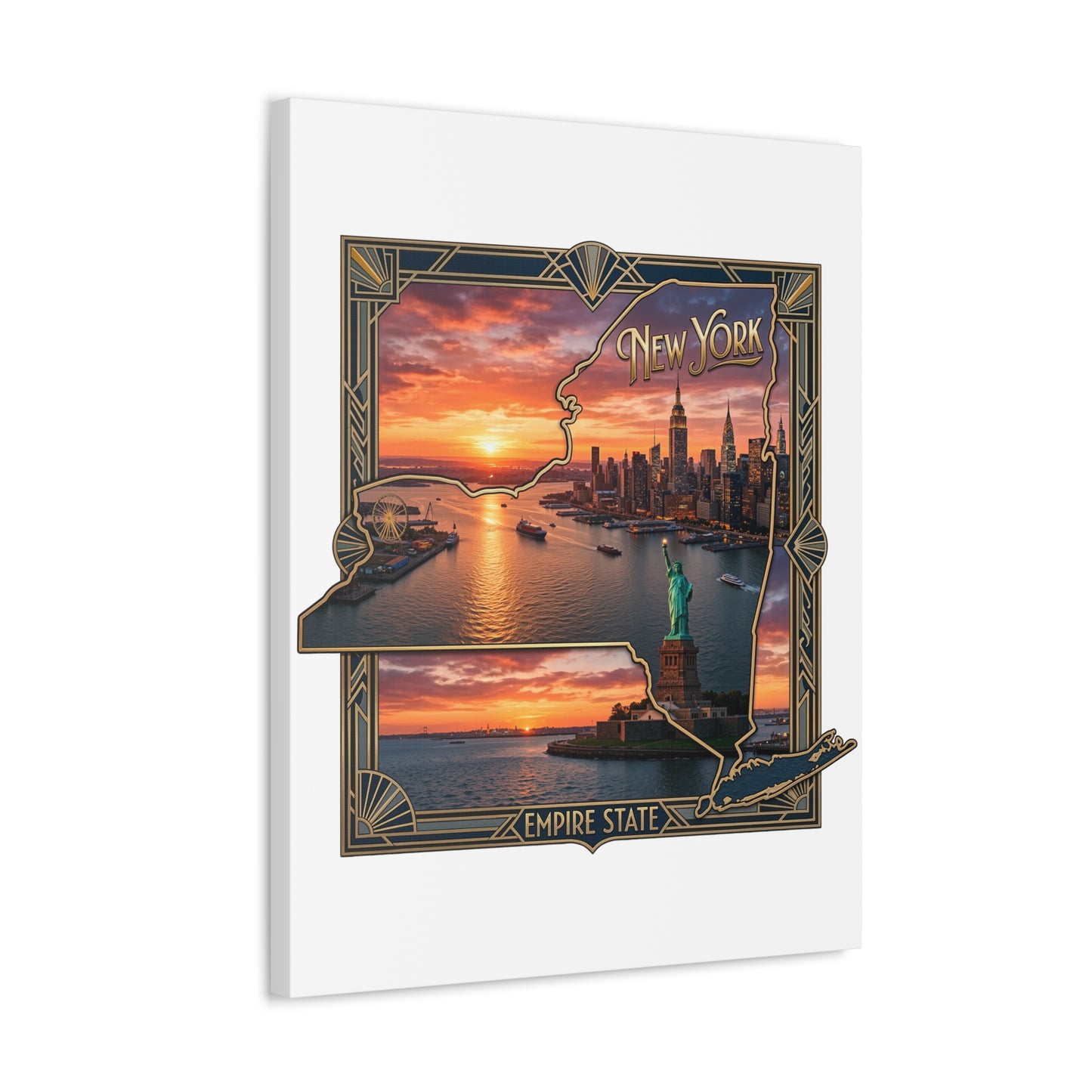 New York Sunset Stretched Canvas – Empire State Skyline with Statue of Liberty