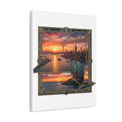 New York Sunset Stretched Canvas – Empire State Skyline with Statue of Liberty
