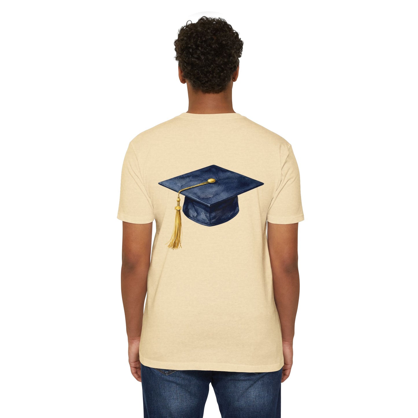 Graduation Cap T-Shirt — Navy Mortarboard with Gold Tassel