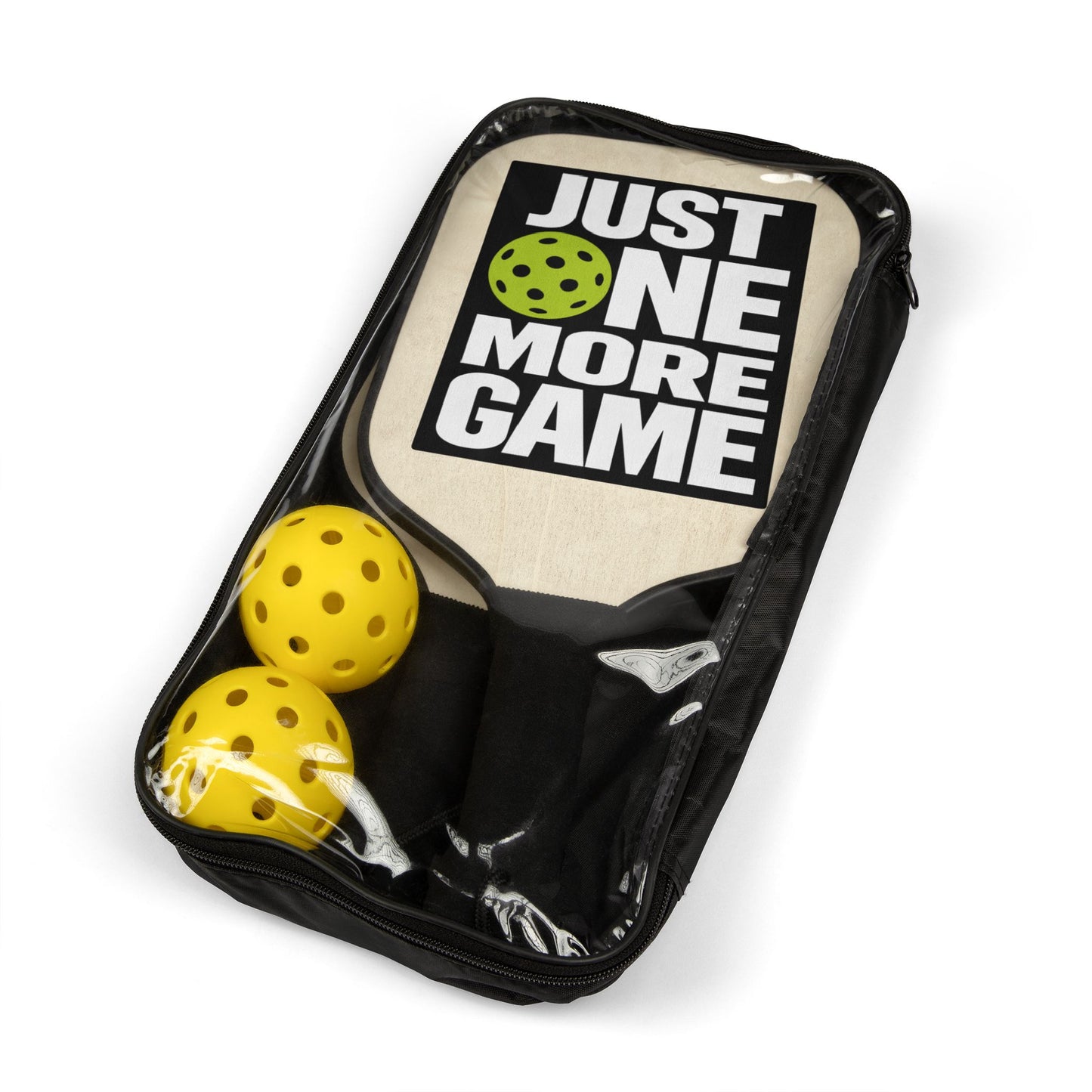 Pickleball Paddle Set — “Just One More Game” Wooden Paddles with Balls
