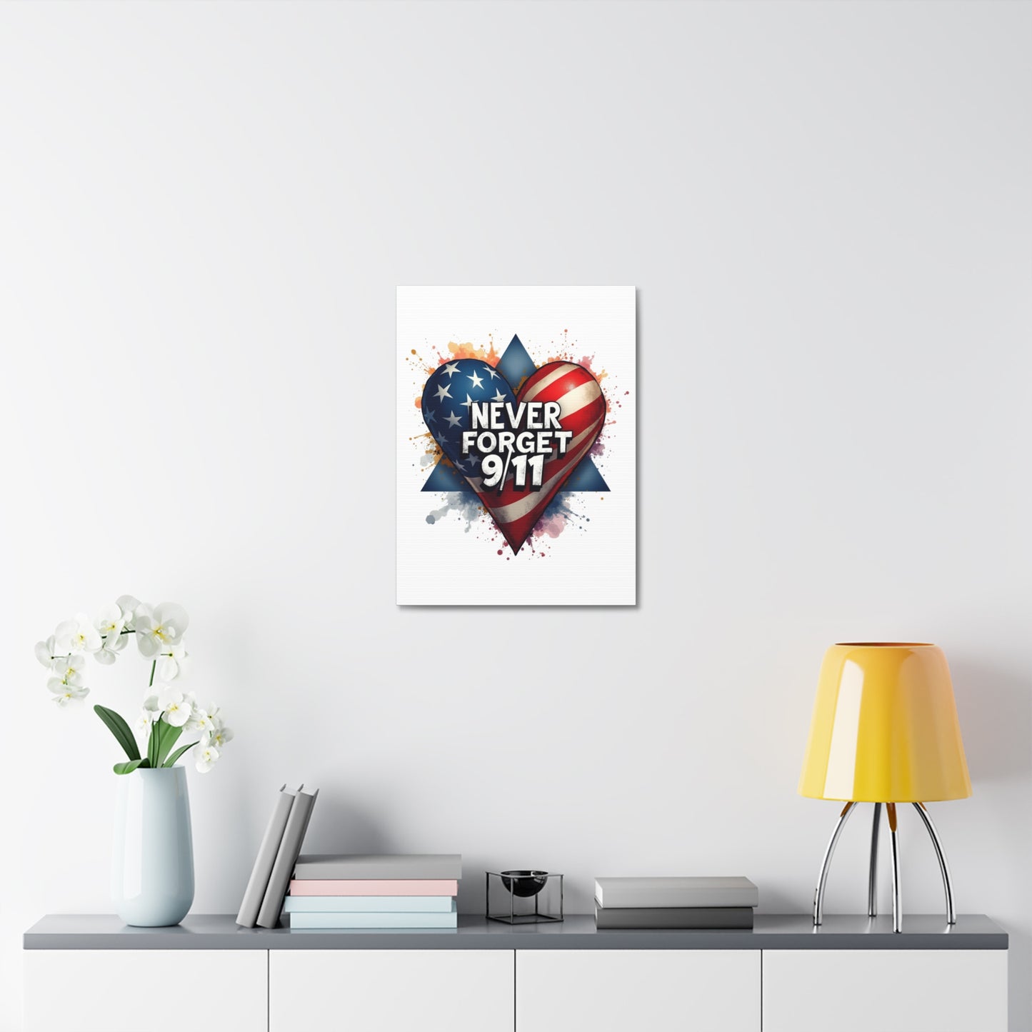 Never Forget 9/11 American Flag Heart Stretched Canvas