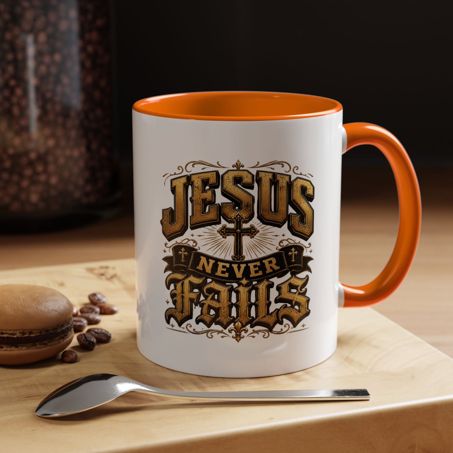 Jesus Never Fails Accent Coffee Mug — Inspirational Christian Faith 11/15oz