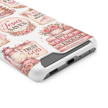 Christian Phone Case with Card Holder — 'Jesus Saves' Floral Scripture Design
