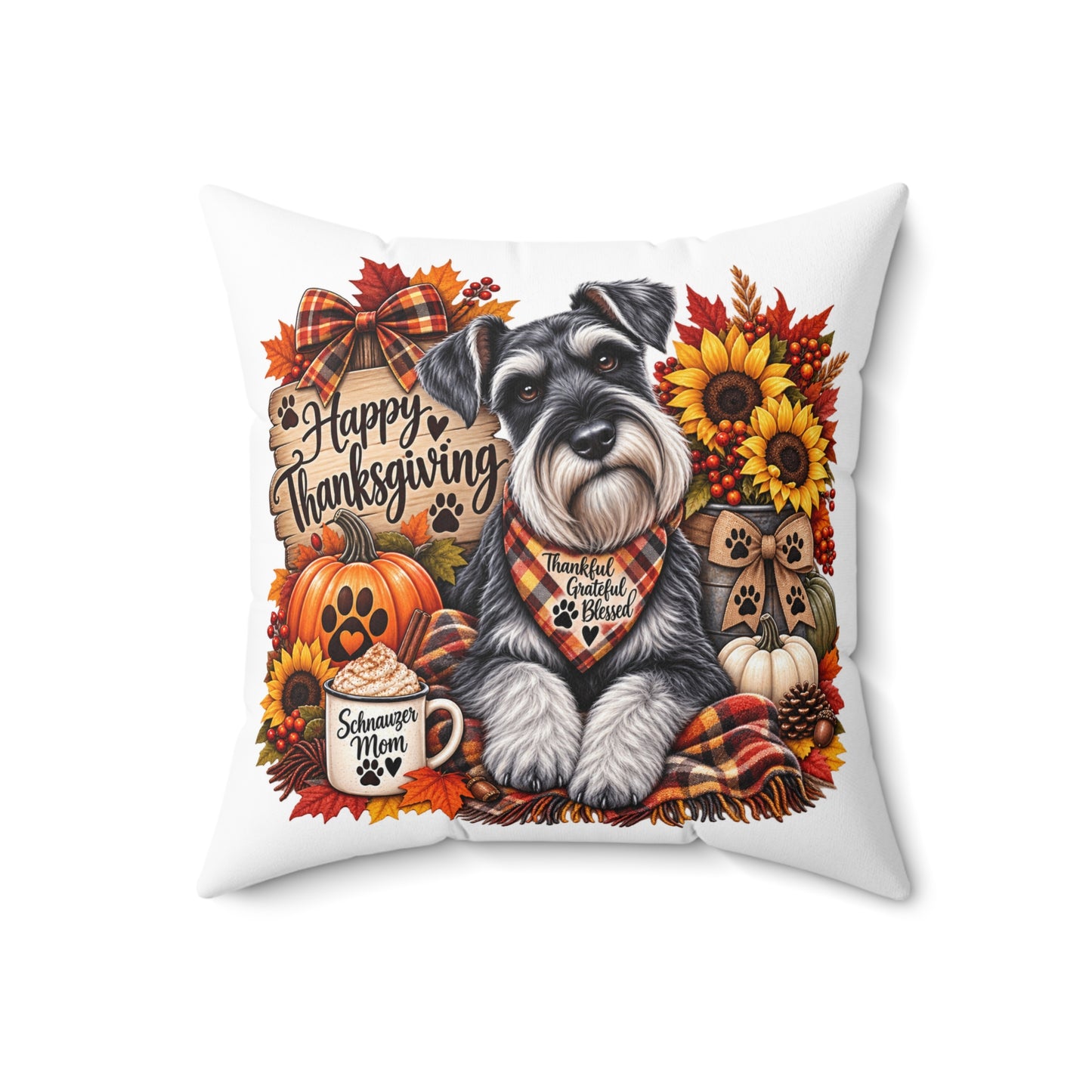 Happy Thanksgiving Schnauzer Pillow — Fall Decor Square Cushion