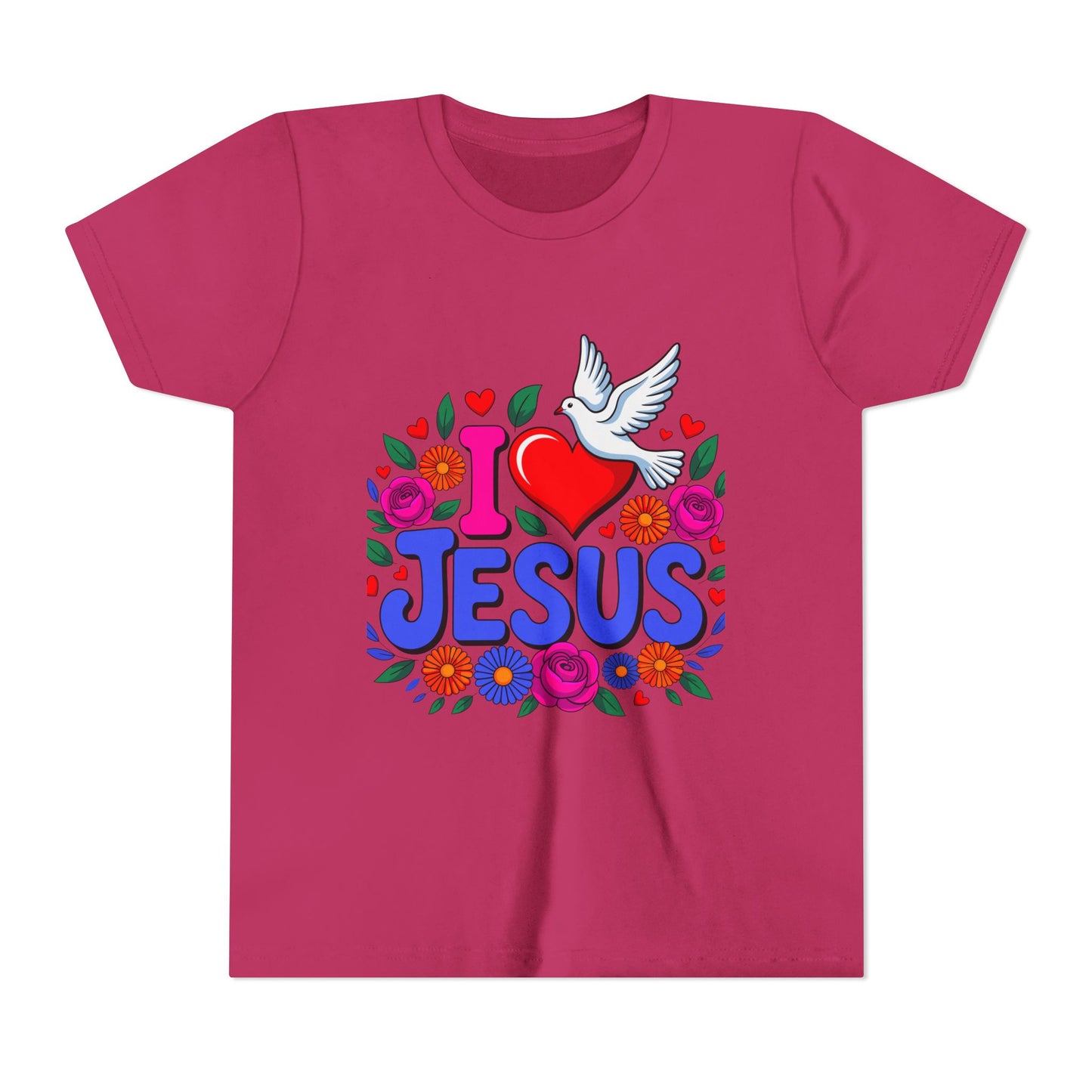 Youth Tee — "I  Jesus" Colorful Dove & Floral Christian Shirt